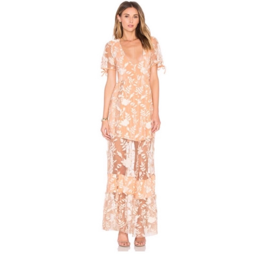 For Love & Lemons, Mia Maxi peach & sheer paneled dress